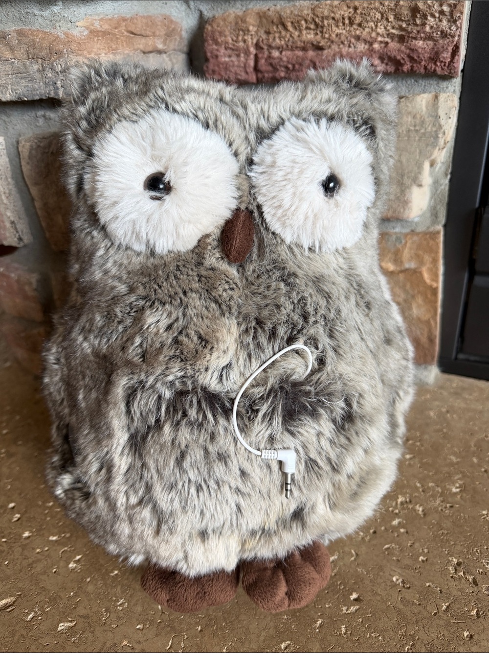 Pottery Barn Teen Plush Owl Speaker Pillow in Gray, White, and Brown